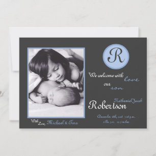 Faire-part Monogramme bleu 5x7 photo initiale