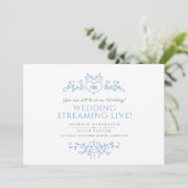 Faire-part Monogramme bleu blanc feuille mariage live stream (Debout devant)