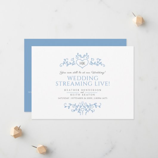 Faire-part Monogramme bleu blanc feuille mariage live stream (Devant/Arrière en situation)