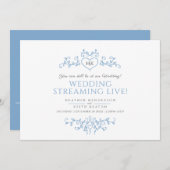 Faire-part Monogramme bleu blanc feuille mariage live stream (Devant / Derrière)