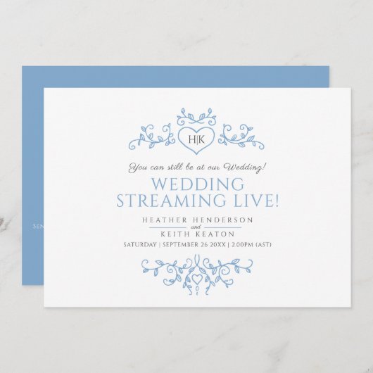 Faire-part Monogramme bleu blanc feuille mariage live stream (Devant / Derrière)