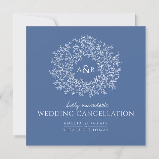 Faire-part Monogramme bleu feuilles annulation de mariage (Devant)