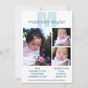 Faire-part Monogramme bleu Simple Adoption 3 Photo Collage