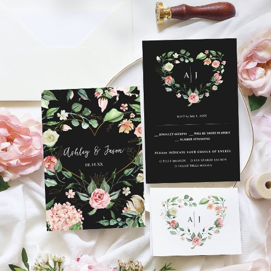 Faire-part Monogramme | Botanique Floral Coeur Mariage RSVP