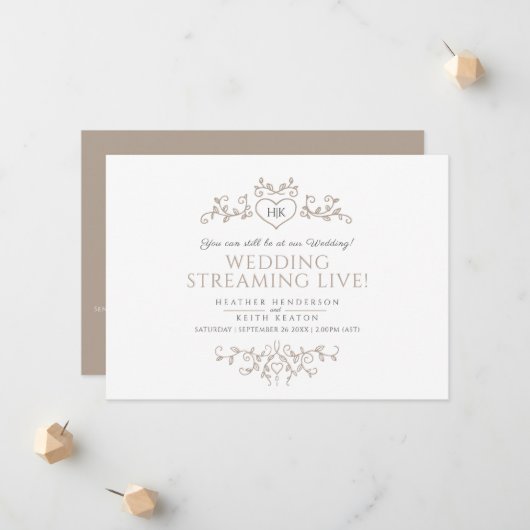 Faire-part Monogramme brun feuille blanche mariage live strea (Devant/Arrière en situation)