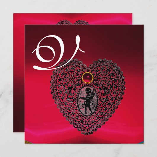 Faire-part MONOGRAMME CARDIAQUE DE LAMPE CUPIDE, rouge bordea (Devant / Derrière)