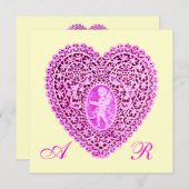 Faire-part MONOGRAMME CARRÉ DE LAMPE CUPIDE, or fuchsia rose (Devant / Derrière)