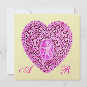 Faire-part MONOGRAMME CARRÉ DE LAMPE CUPIDE, or fuchsia rose
