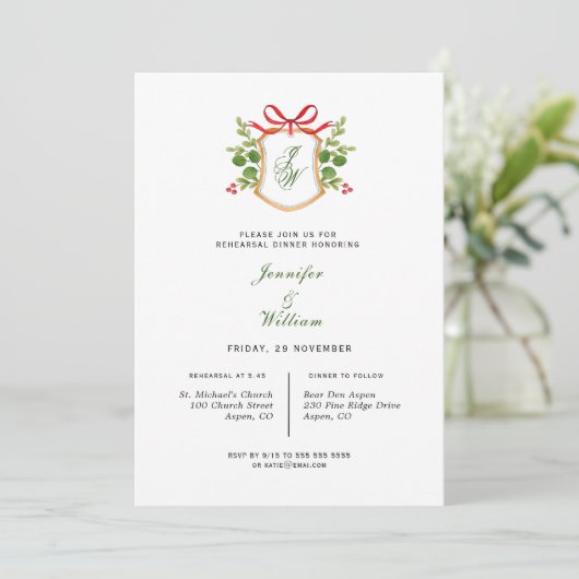 Faire-part Monogramme Crest avec verdure Répétition Dîner (Debout devant)