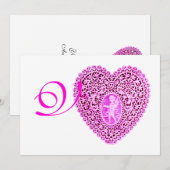 Faire-part MONOGRAMME DE COEUR DE LAMPE CUPIDE, argent fuchsi (Devant / Derrière)