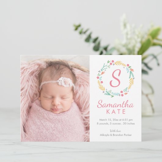 Faire-part Monogramme de couronne florale Naissance horizonta (Debout devant)