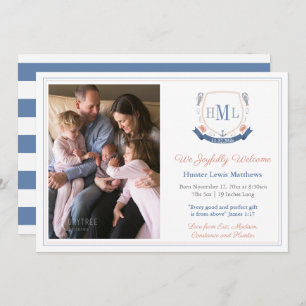 Faire-part Monogramme de crustacés Photo Bébé Garçon Naissanc