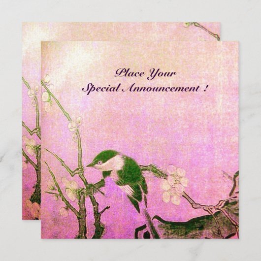 Faire-part MONOGRAMME D'OISEAU DE PRINTEMPS Rose Fuchsia Blan (Devant / Derrière)