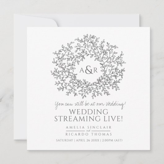 Faire-part Monogramme feuilles grises blanches mariage en dir (Devant)