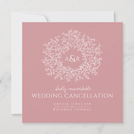 Faire-part Monogramme feuilles rose pâle annulation de mariag (Devant)