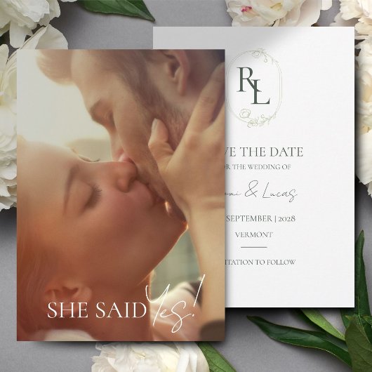 Faire-part Monogramme floral vert foncé et blanc Mariage phot