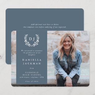 Faire-part Monogramme gris bleu Laurel Wreath Graduation Phot