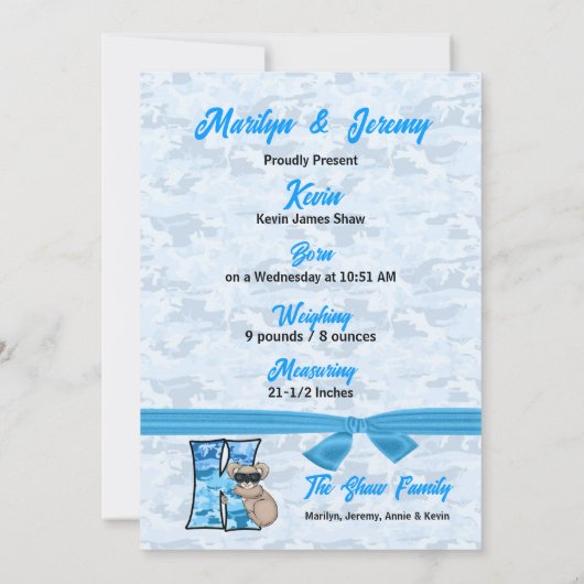 Faire-part Monogramme K Blue Koala Photo Naissance (Dos)
