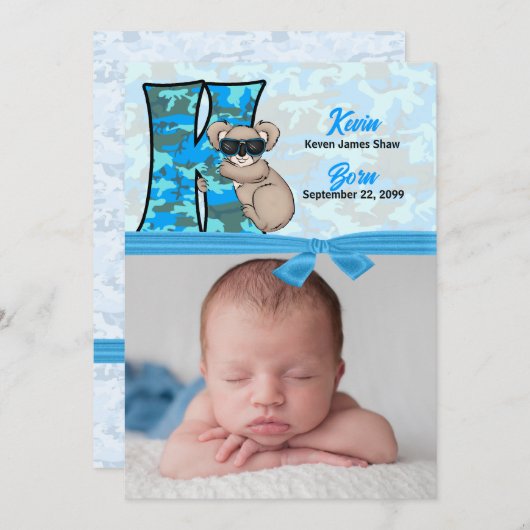 Faire-part Monogramme K Blue Koala Photo Naissance (Devant / Derrière)
