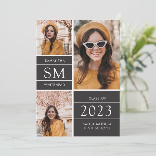 Faire-part Monogramme moderne Collage photo Soft Black (Debout devant)