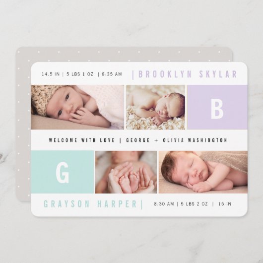 Faire-part Monogramme moderne Twins design 4 photos naissance (Devant / Derrière)