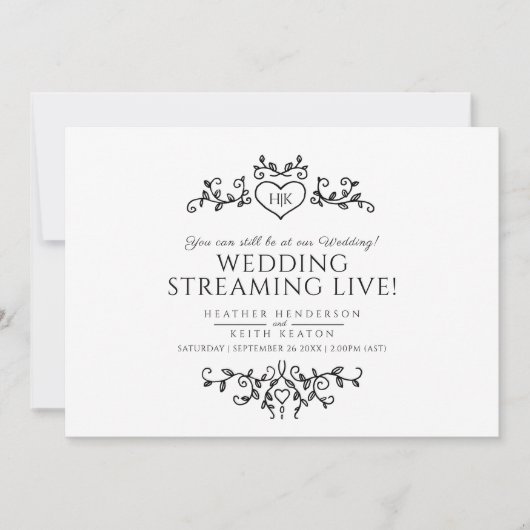 Faire-part Monogramme noir blanc mariage live stream code QR (Devant)