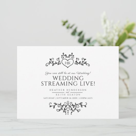 Faire-part Monogramme noir blanc mariage live stream code QR (Debout devant)