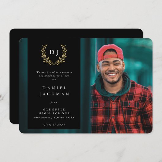 Faire-part Monogramme noir/or Laurel Wreath Graduation Photo (Devant / Derrière)