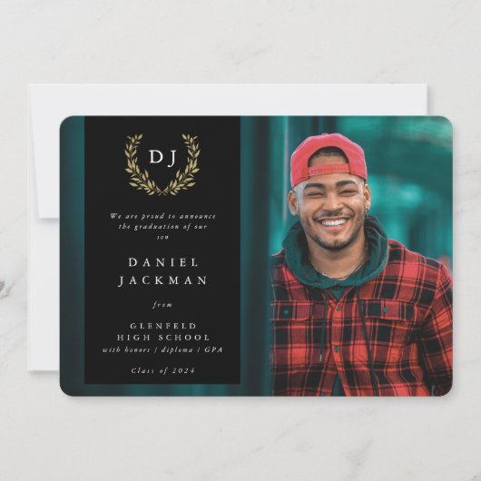 Faire-part Monogramme noir/or Laurel Wreath Graduation Photo (Devant)