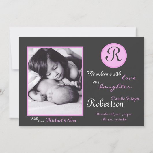 Faire-part Monogramme rose 5x7 photo initiale (Devant)