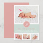Faire-part Monogramme rose et bleu Bébé Photo Collage Naissan (Devant / Derrière)