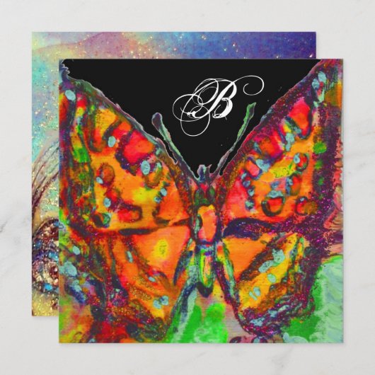 FAIRE-PART MONOGRAMME ROUGE BOUTTERFLY BLEU OR JAUNE SPARKLES (Devant / Derrière)