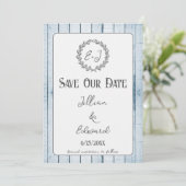 Faire-part Monogramme Rustique Bleu Enregistrer La Date Annon (Debout devant)