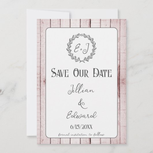 Faire-part Monogramme Rustique Rose Enregistrer La Date Annon (Devant)