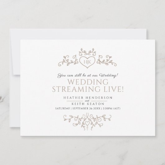 Faire-part Monogramme tan blanc mariage live stream code QR (Devant)