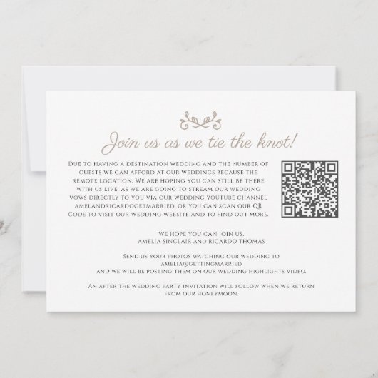 Faire-part Monogramme tan blanc mariage live stream code QR (Dos)