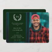 Faire-part Monogramme vert foncé Laurel Wreath Graduation Pho (Devant / Derrière)