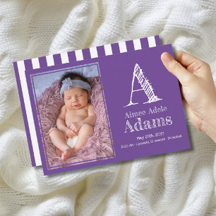 Faire-part Monogramme violet moderne Statistiques de naissanc