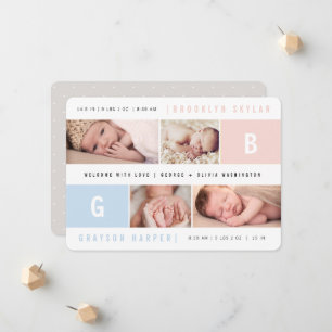 Faire-part Monogrammes bébé garçon fille jumeaux 4 multi phot