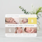 Faire-part Monogrammes bébé garçon fille jumeaux Jaune 4 phot (Debout devant)