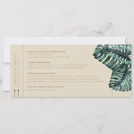 Faire-part Monstera Green et Tan Boarding Pass Enregistrer la (Dos)