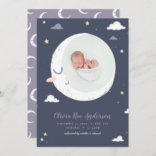 Faire-part Moon mignon script marine violet photo naissance (Devant / Derrière)