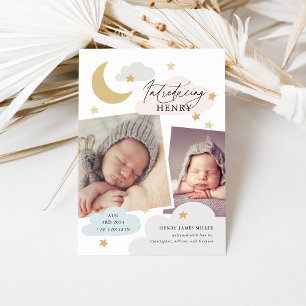 Faire-part Moon Stars Clouds Collage Photo Pink Blue Birth