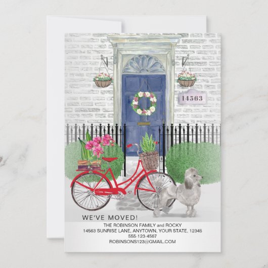 Faire-part Moving Poodle Chien Bicycle Porte Bleue Nouveau Ac (Devant)