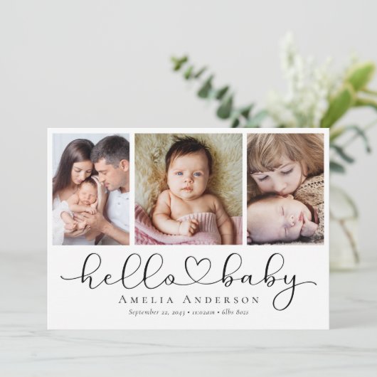 Faire-part Multi Photo Script avec Coeur Hello Baby Photo (Debout devant)