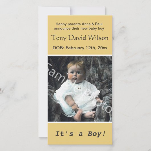 Faire-part naissance, ajouter votre photo, jaune (Devant)