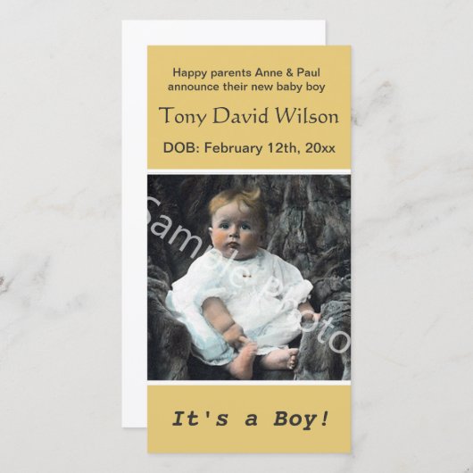 Faire-part naissance, ajouter votre photo, jaune (Devant / Derrière)
