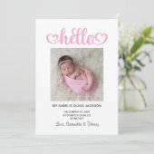 Faire-part Naissance avec écriture Hello coeurs roses (Debout devant)