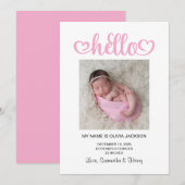Faire-part Naissance avec écriture Hello coeurs roses (Devant / Derrière)