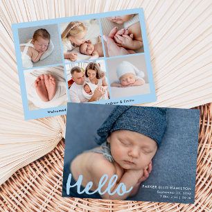 Faire-part Naissance Collage Photo Moderne « Bonjour » Bleu M